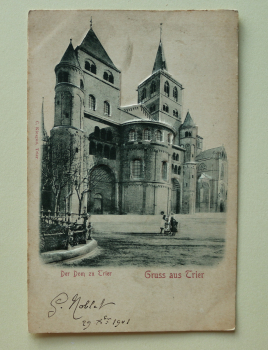 Ansichtskarte Präge-Relief AK Gruß aus Trier 1901 Dom Fassade Türme Kinder Architektur Ortsansicht Rheinland Pfalz